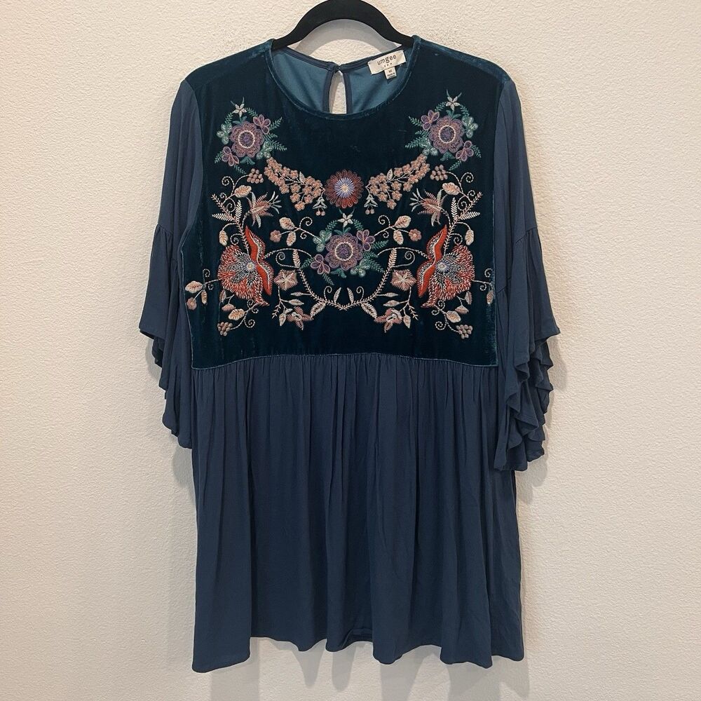 Umgee Teal Bell Sleeve Mini Dress Tunic Colorful Floral Embroidery Boho Sz M